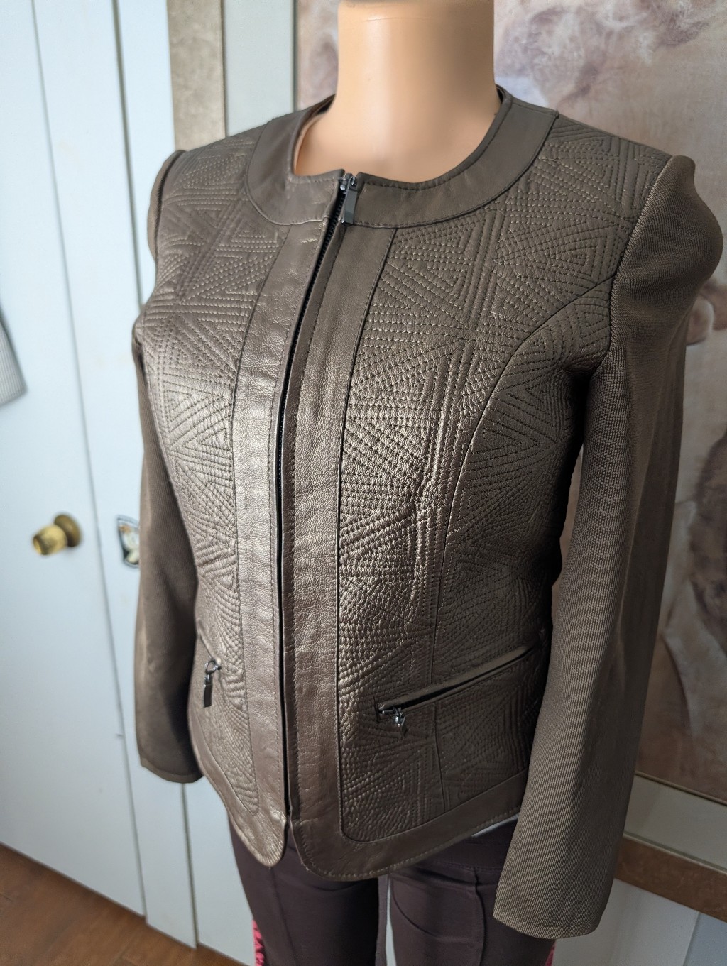 Peter Nygard Quilted Chocolate Brown Leather-Front Zip Jacket Size 4-6p